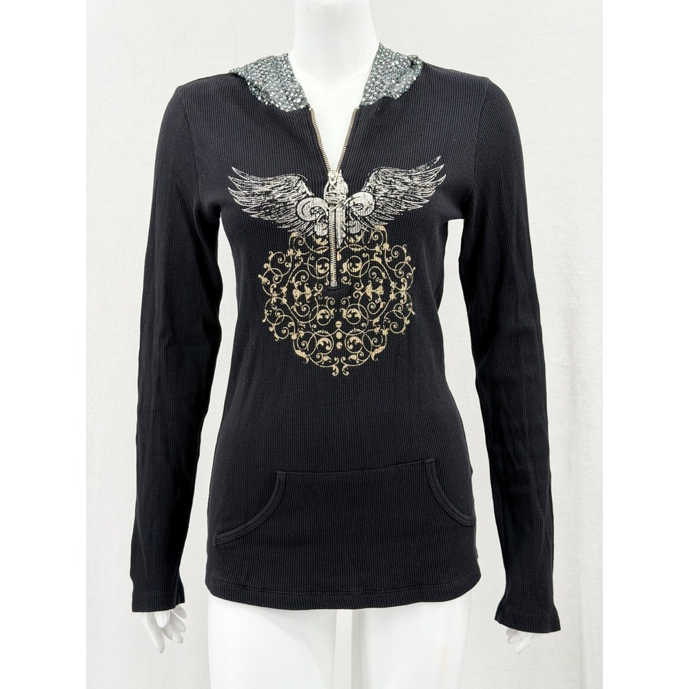 Sledge USA Top Women Small Black Hooded Wings Graphic Half Zip Thermal Biker Y2K